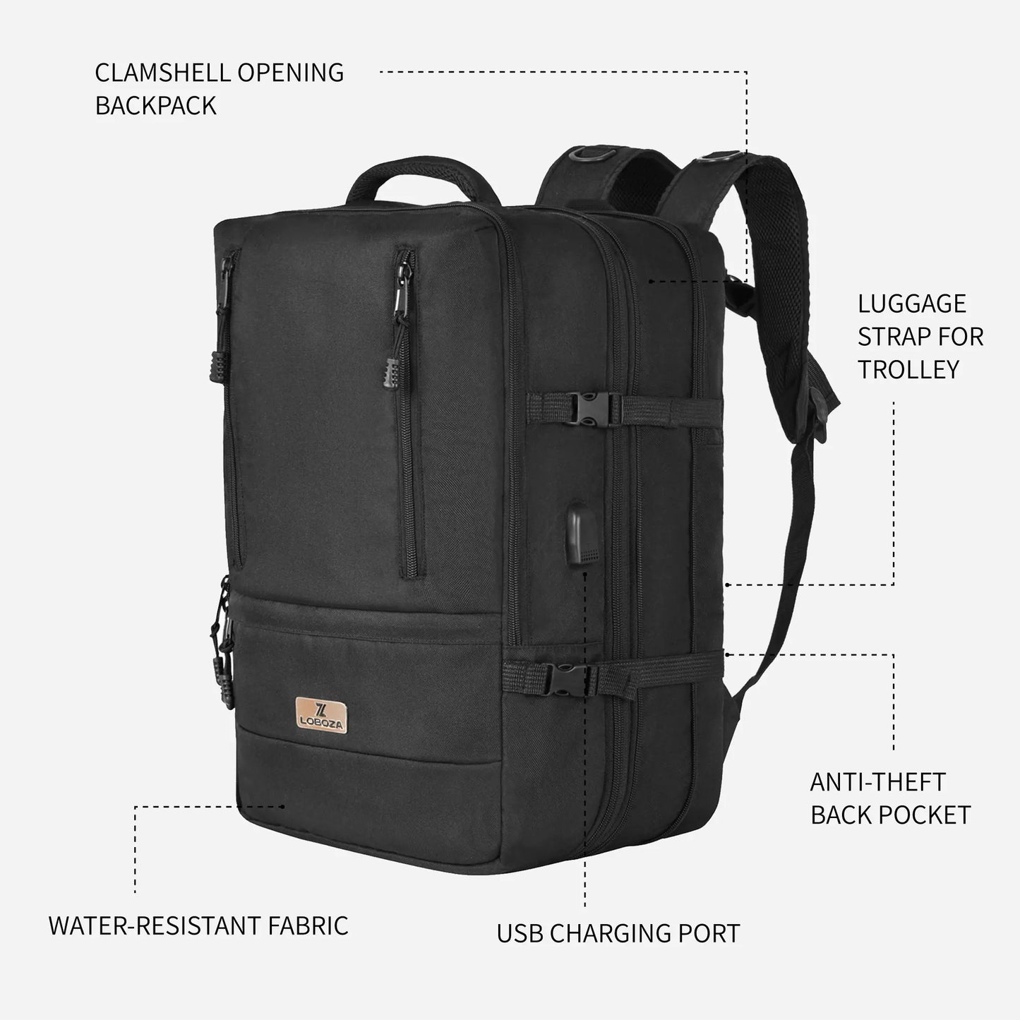 Loboza Nomad Clamshell Travelling Backpack - Black