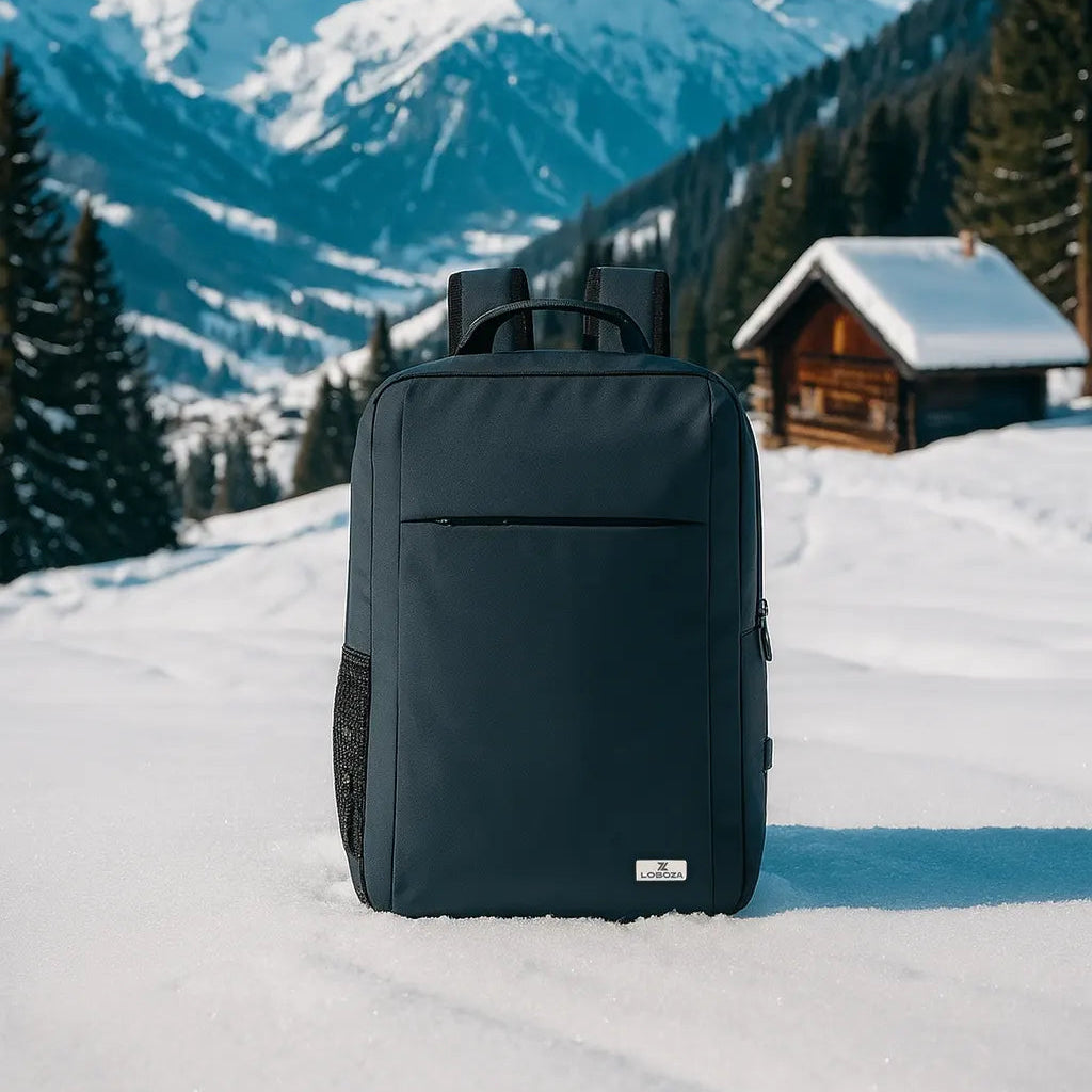 Black backpack in the snow with mountains and a cabin in the background