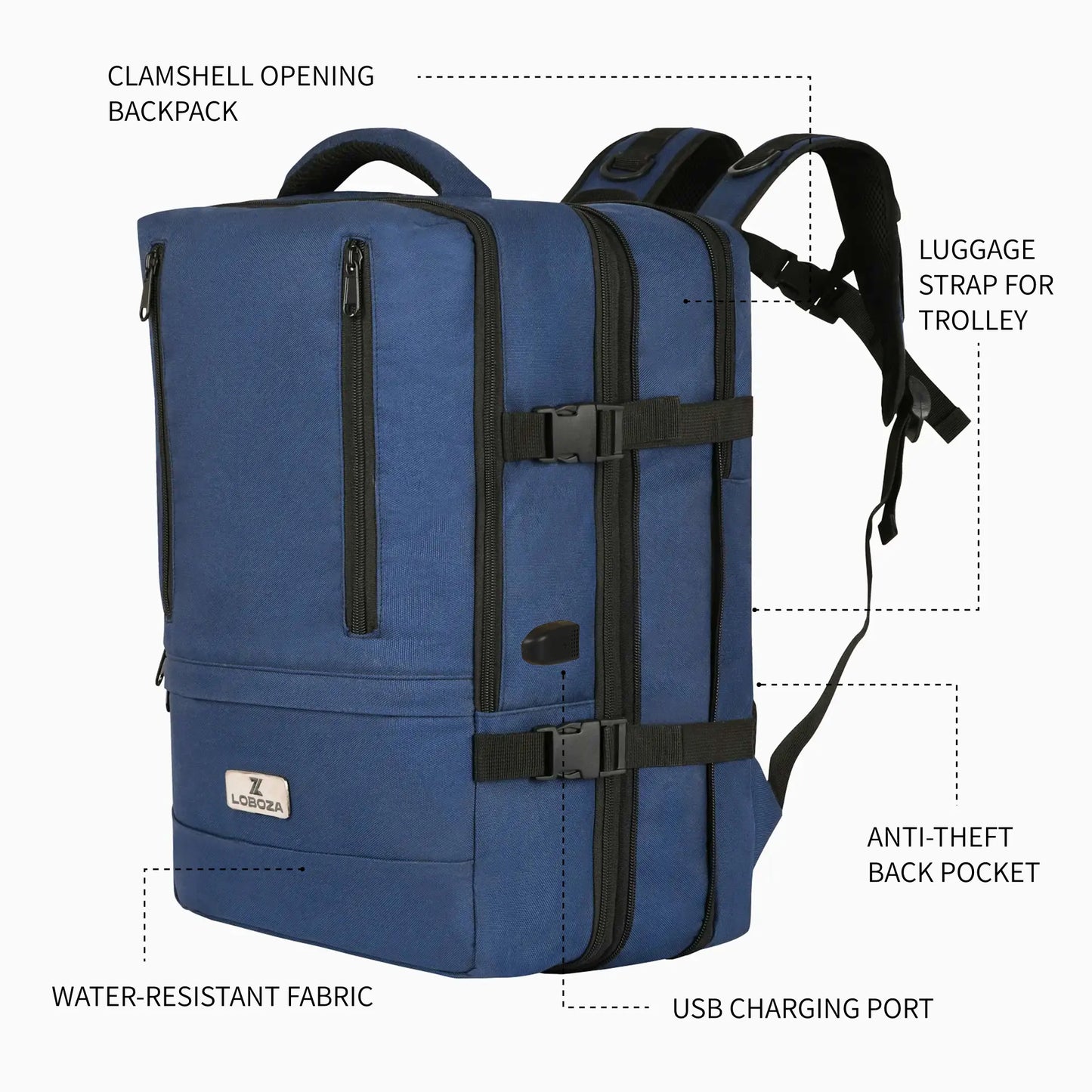 Loboza Nomad Clamshell Travelling Backpack - Navy Blue