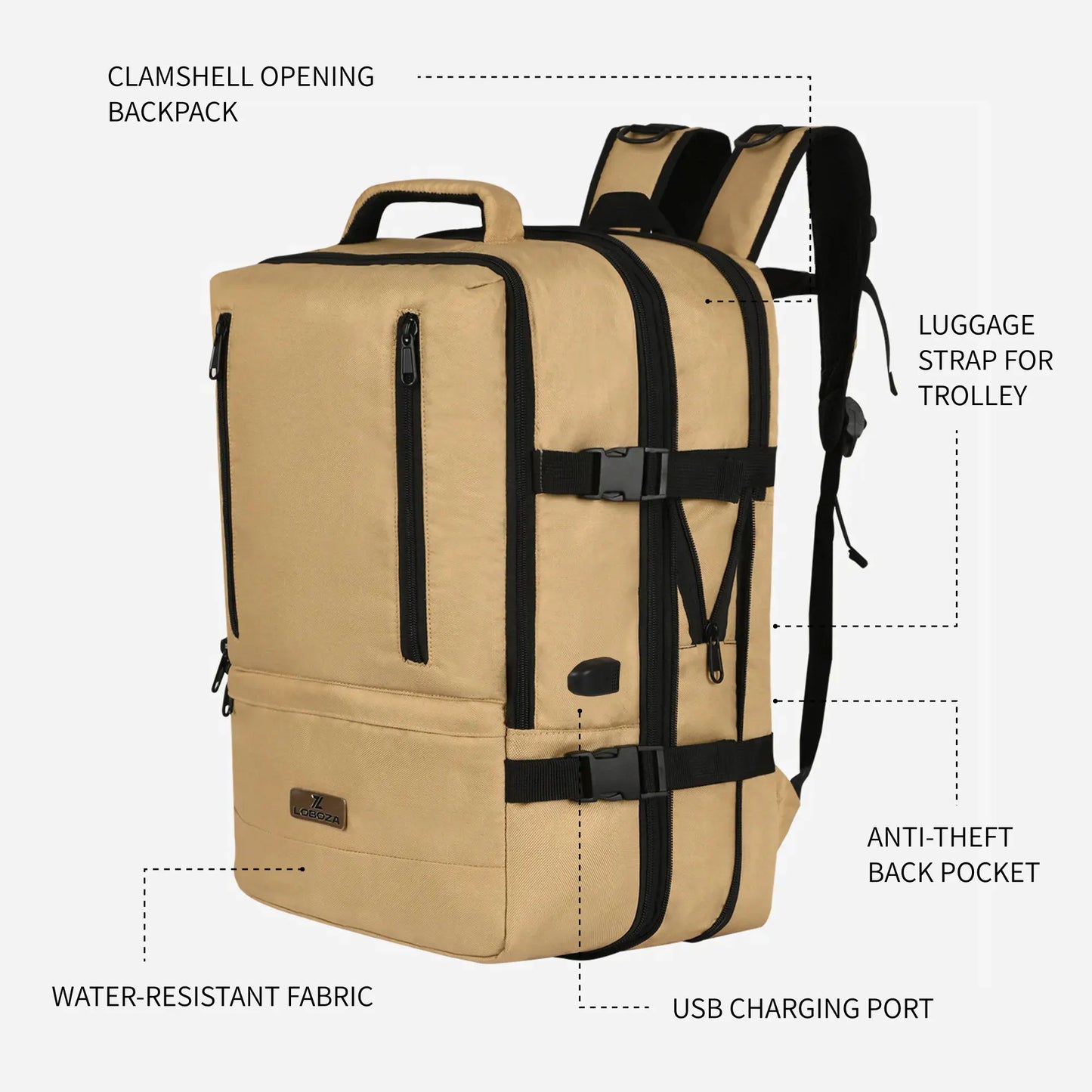 Loboza Nomad Clamshell Travelling Backpack - Khaki/Beige