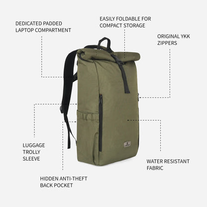Loboza Explorer Roll-Top Backpack - Olive Green